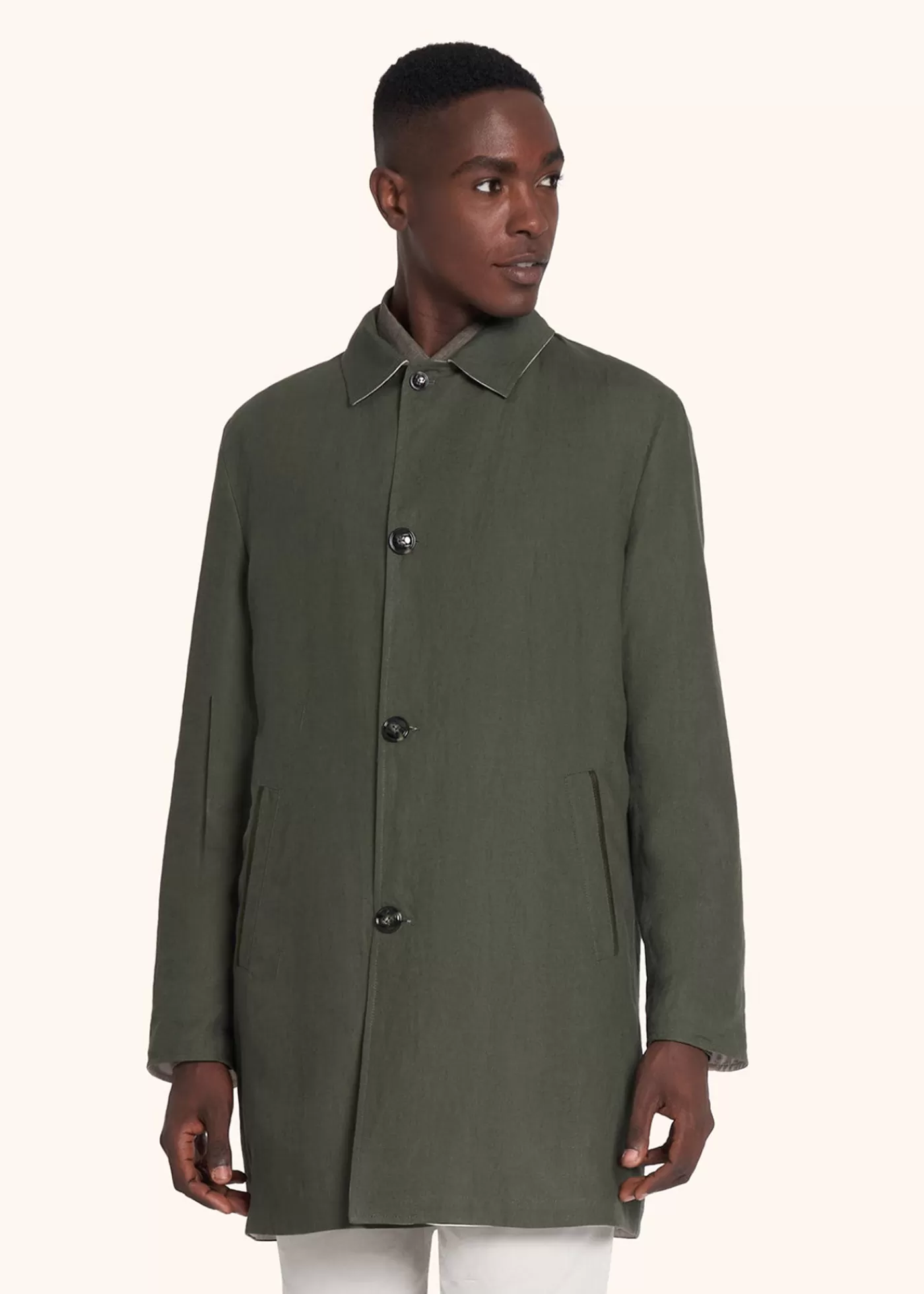 Outerwear-Kiton Mantel Leinen Duneklgruen